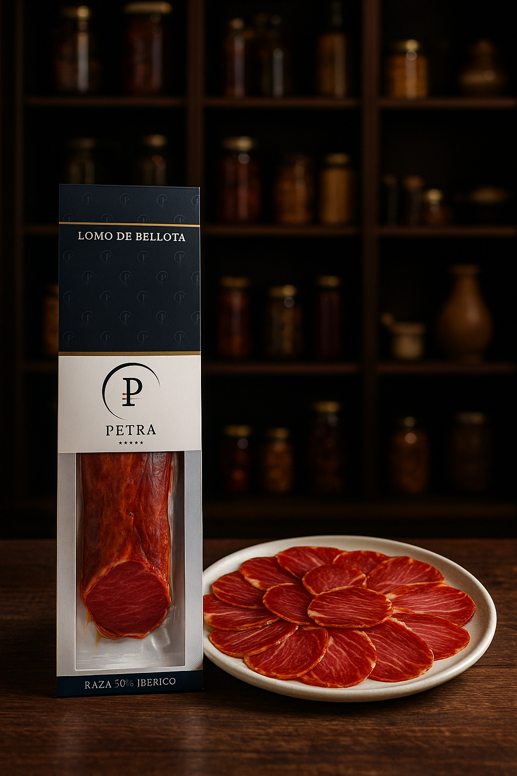 Sobre de jamón PETRA en ambiente de tienda gourmet con bodega de fondo