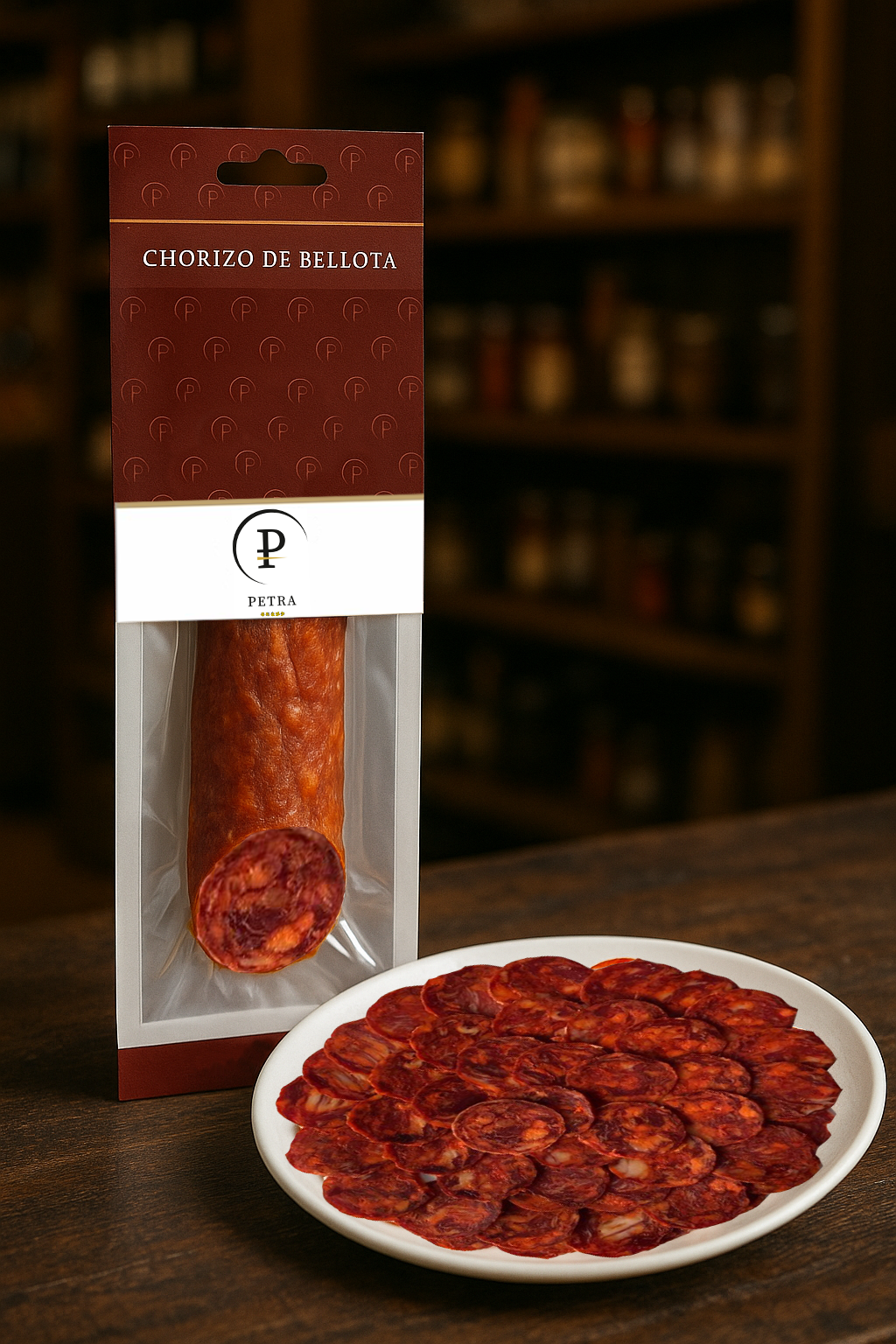 Chorizo Ibérico de Bellota en su estuche, con plato loncheado