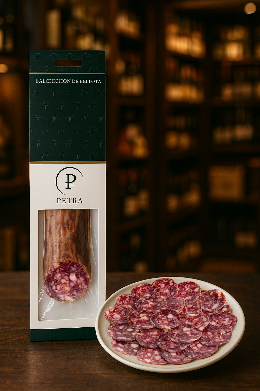 Salchichón de Bellota en su estuche, con plato loncheado